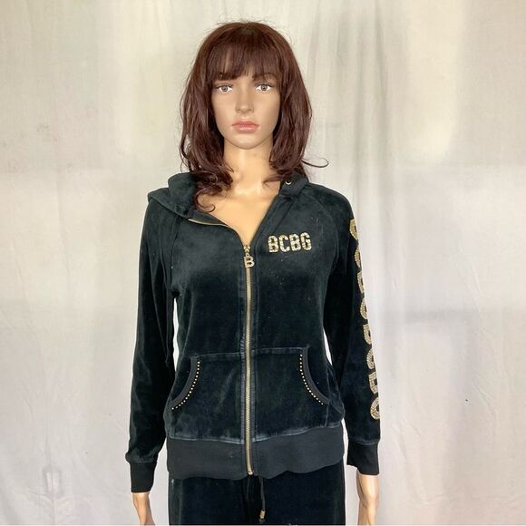 BCBGMaxAzria Y2K Vintage Black Gold Studs Velour Zip Tracksuit Jacket Pants S - Picture 3 of 13